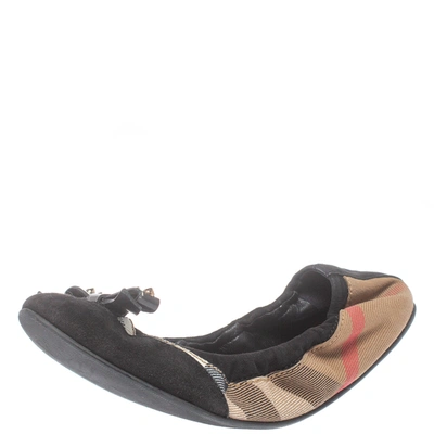 Pre-owned Burberry Beige/black Nova Check Suede And Canvas Scrunch Ballet Flats Size 36
