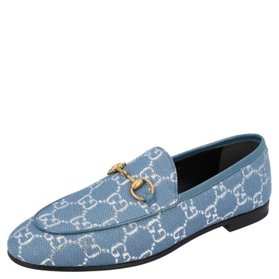 Pre-owned Gucci Blue/silver Gg Canvas New Jordaan Loafers Eu 35.5