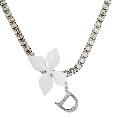 Pre-owned Dior White Flower Charm Crystal Choker Necklace In Silver