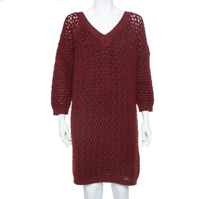 Pre-owned Just Cavalli Burgundy Open Knit Sweater Dress Xl