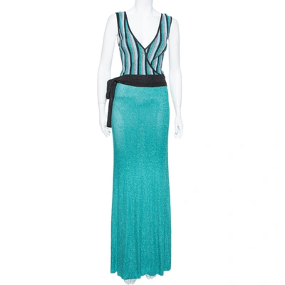 Pre-owned Just Cavalli Sea Blue Lurex Knit Contrast Striped Belted Maxi Dress M
