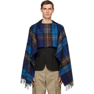 Shop Comme Des Garçons Shirt Blue Wool Tartan Poncho Scarf In 1 Blue