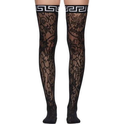 Shop Versace Black Lace Greca Border Stockings