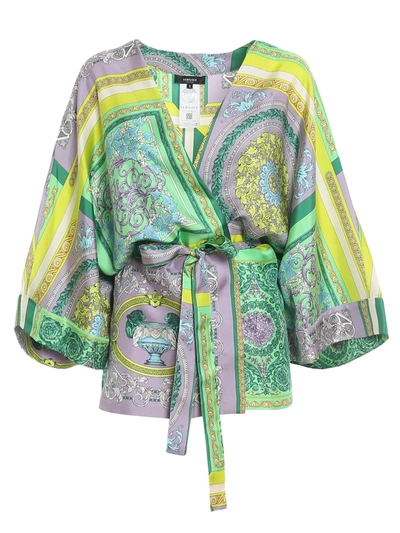 Shop Versace Mosaic Baroque Printed Silk Kimono Jacket In Light Purple