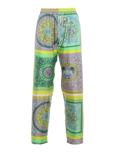 Shop Versace Baroque Mosaic Silk Trousers In Light Green