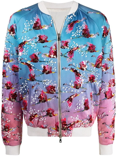 Shop Balmain Embellished Floral-print Bomber Jacket In Blue