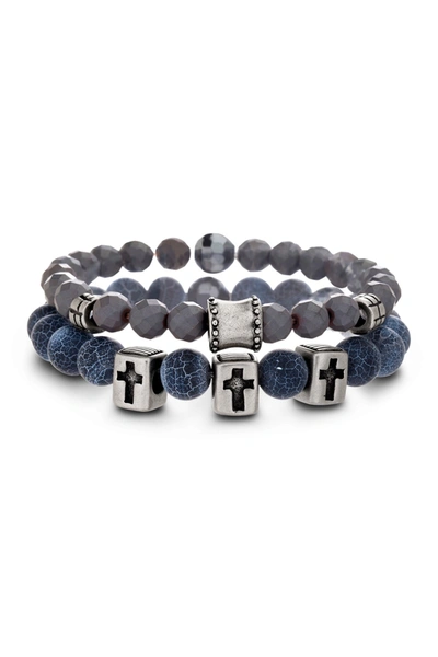 Shop Steve Madden Beaded And Oxidized Cross Stretched Duo Bracelet Set In Gray