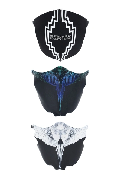 Shop Marcelo Burlon County Of Milan Set Of 3 Printed Masks In Variante Abbinata (black)