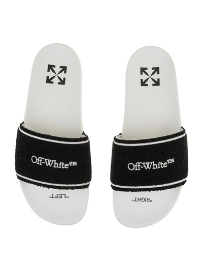 Shop Off-white Man White Slippers With Black Logoed Terry Band In White/black
