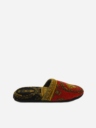 Shop Versace I Love Barocco Slippers In Cotton In Rosso-oro-nero