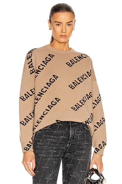 Shop Balenciaga Long Sleeve Crewneck Logo Sweater In Beige & Black