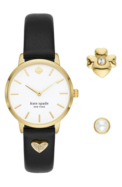 Shop Kate Spade Metro Leather Strap Watch & Charms Set, 34mm In Black