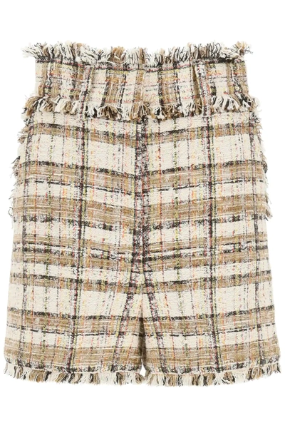 Shop Msgm Tartan Tweed  Shorts In Beige,brown,black