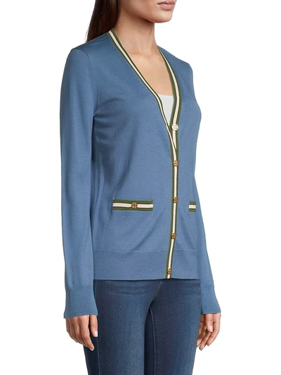 Shop Tory Burch Women's Madeline Striped Trim Cardigan In Shadow Blue