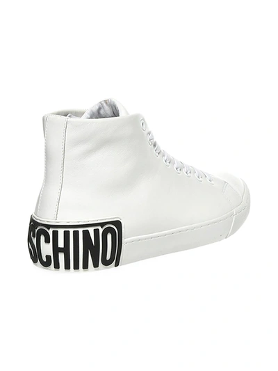 Shop Moschino Men's Logo Leather Sneakers In Bianco