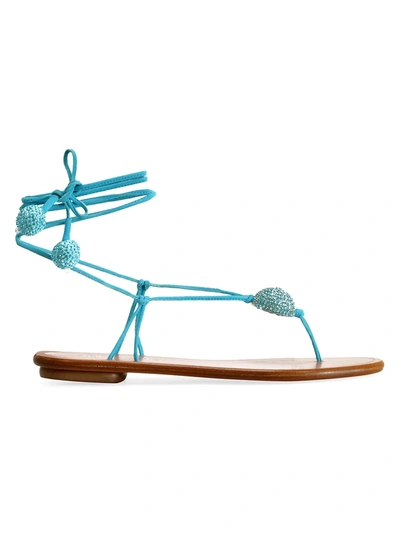 Shop Aquazzura Jackie Ankle-wrap Embellished Leather Thong Sandals In Copacabana Blue