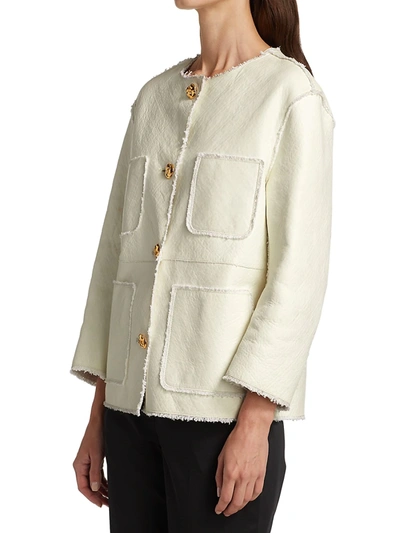 Shop St John Leather Bonded Basketweave Tweed Patch Pocket Jacket In White