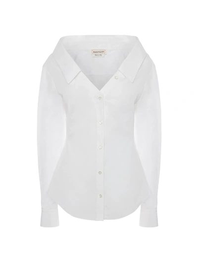 Shop Alexander Mcqueen Open-neck Cotton Poplin Shirt In Optical White