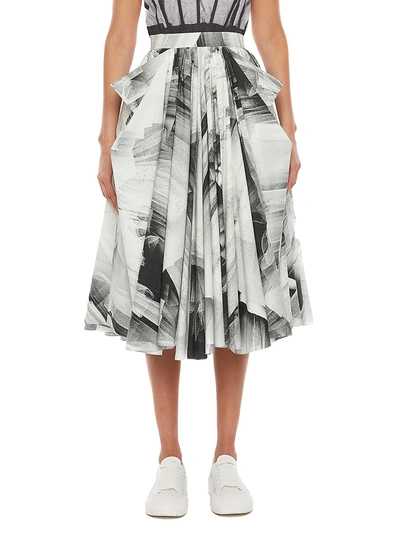 Shop Alexander Mcqueen Bow Print Cotton Toile Midi Skirt In Black White