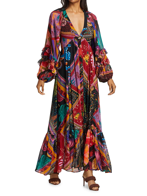 Farm Rio Diagonal Scarves Multicolor Tiered-sleeve Maxi Dress | ModeSens