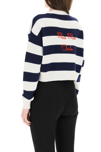 Shop Miu Miu Striped Wool Sweater With Logo In Blue/white