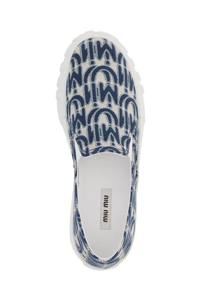 Shop Miu Miu Miu Slip-on Sneakers With Jacquard Logo In Blue,beige,light Blue