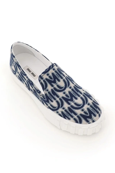 Shop Miu Miu Miu Slip-on Sneakers With Jacquard Logo In Blue,beige,light Blue