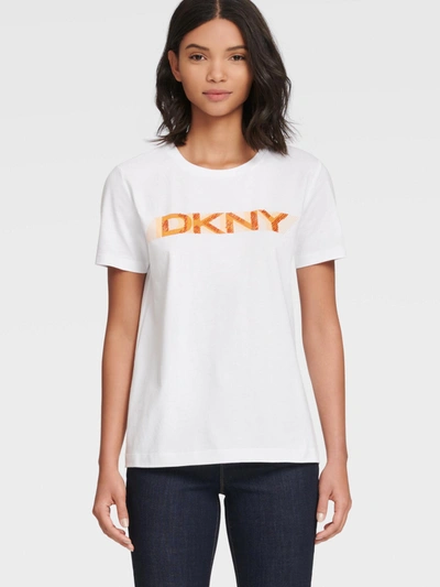 Shop Dkny Women's Beaded Logo Stripe Tee - In White Combo