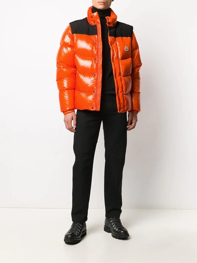 Shop Moncler Contrast-panel Design Padded Jacket In Orange