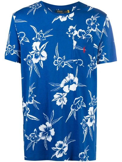 Shop Polo Ralph Lauren Hibiscus Print Pocket T-shirt In Blue