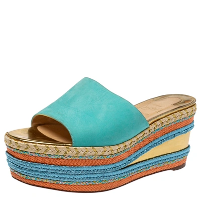 Pre-owned Christian Louboutin Multicolor Leather And Woven Espadrille Platform Slides Size 39 In Blue