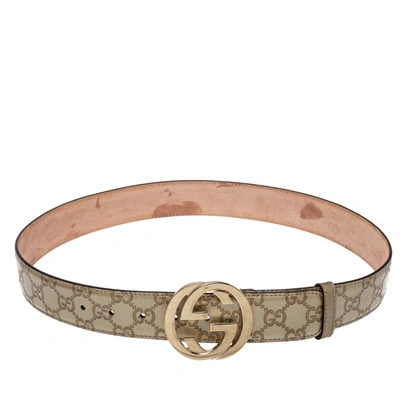 Pre-owned Gucci Ssima Leather Interlocking G Buckle Belt 85cm In Metallic