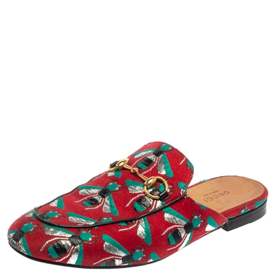 Pre-owned Gucci Tricolor Jacquard Fabric Horsebit Princetown Bees Flat Mules Size 37 In Red
