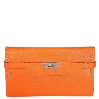 Pre-owned Hermes Orange Chevre Mysore Leather Kelly Wallet