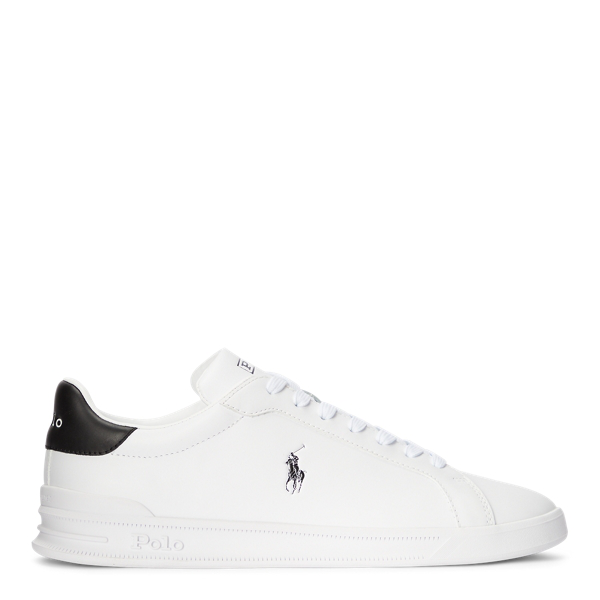 polo ralph lauren heritage court leather trainer in white with black logo