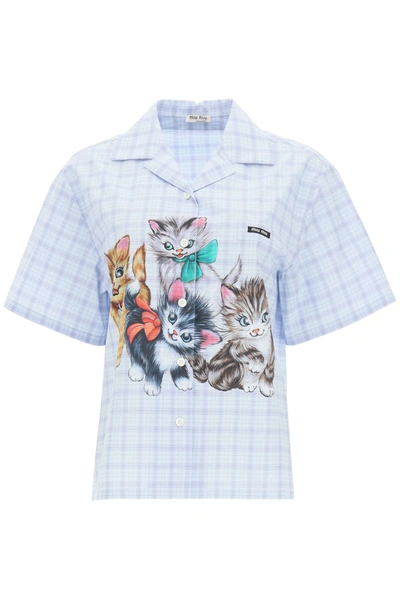 Shop Miu Miu Kitten Print Checkered Shirt In Cielo (light Blue)