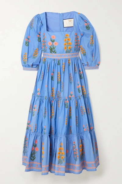 Shop Agua By Agua Bendita Miel Tiered Floral-print Cotton-poplin Midi Dress In Blue