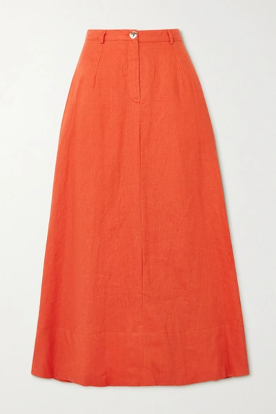Shop Staud Cybele Linen Midi Skirt In Orange