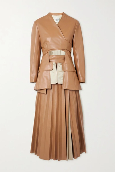 Shop A.w.a.k.e. Cutout Pleated Faux Leather Wrap Maxi Dress In Beige