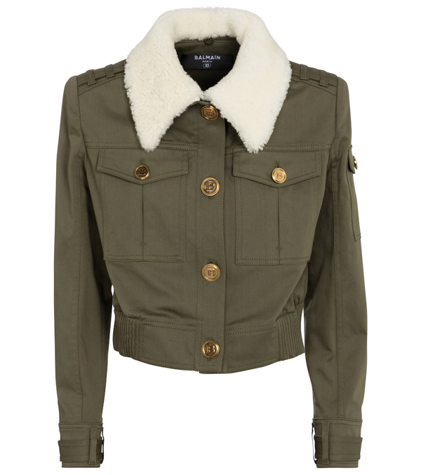 Balmain Button-embellished Faux Shearling-trimmed Cotton-blend Twill Jacket  In Olive | ModeSens