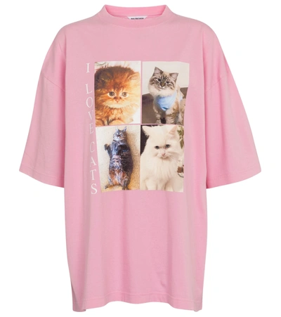 Shop Balenciaga Cat-print Oversized Cotton T-shirt In Pink