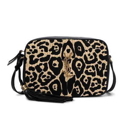 Shop Saint Laurent Lou Camera Leopard-print Raffia Crossbody Bag In Beige