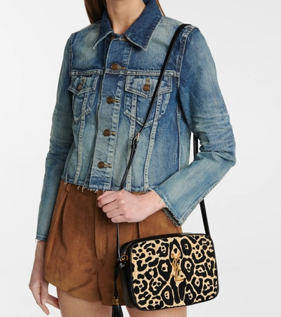 Shop Saint Laurent Lou Camera Leopard-print Raffia Crossbody Bag In Beige