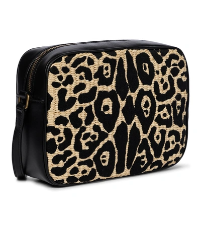 Shop Saint Laurent Lou Camera Leopard-print Raffia Crossbody Bag In Beige