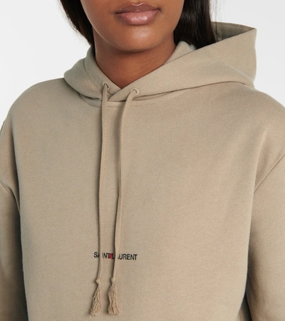 Shop Saint Laurent Logo Cotton Jersey Hoodie In Beige