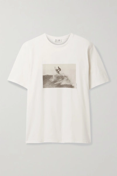 Shop Saint Laurent Distressed Printed Cotton-jersey T-shirt In Ecru