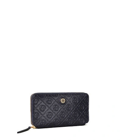 Shop Tory Burch T Monogram Leather Zip Continental Wallet In Midnight