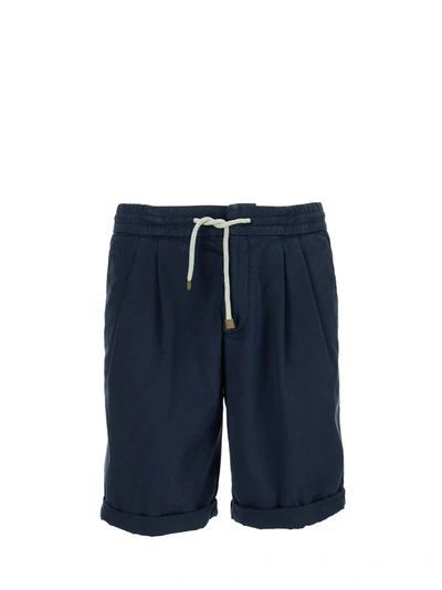 Shop Brunello Cucinelli Cotton Bermuda Shorts With Drawstring And Pleats In Blue