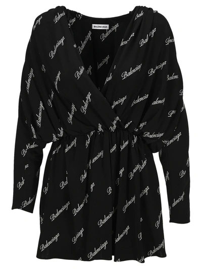 Shop Balenciaga Logo Script Wrap Mini Dress In Black