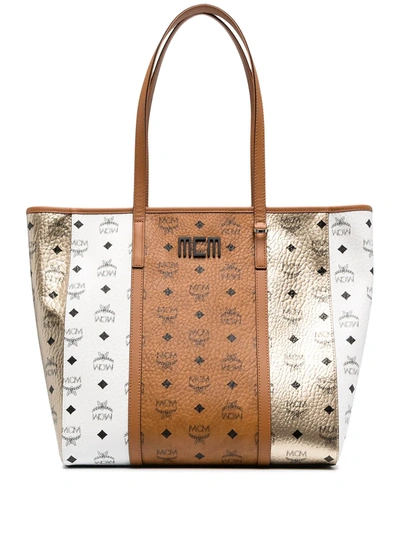 Mcm Toni Mixed Visetos Logo Metallic Shopper Tote Bag In Cognac | ModeSens